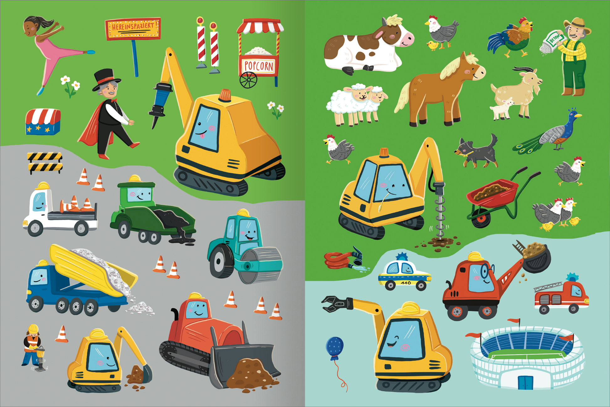 Gezeigt wird eine Innen- oder Zusatzansicht von „Mitmach-Stickerbuch – Bruno, der kleine Bagger“. Auf einer grünen Hintergrundfläche sind verschiedene bunte Illustrationen zu sehen, darunter gelbe Bagger, ein Mann im Zylinder, Tiere wie Kühe und Pferde sowie Fahrzeuge. Die playful Typografie in leuchtenden Farben und die vielfältigen Motive laden zum Mitmachen ein. Eine fröhliche, einladende Atmosphäre vermittelt das Gesamtbild, das kleine Kinder anspricht.