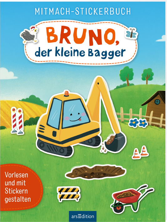 Das Buchcover zeigt einen fröhlichen, cartoonhaften kleinen Bagger namens Bruno in gelb und schwarz vor einer ländlichen Kulisse mit Hügeln und einem Bauernhaus. Der Titel „BRUNO, der kleine Bagger“ ist in großen, spielerischen Buchstaben in Blau geschrieben. Darunter befindet sich der Hinweis „Vorlesen und mit Stickern gestalten“ in einer klaren Schrift. Auf dem Cover sind bunte Sticker und Baustellen-Elemente abgebildet, die eine einladende und verspielte Atmosphäre erzeugen....