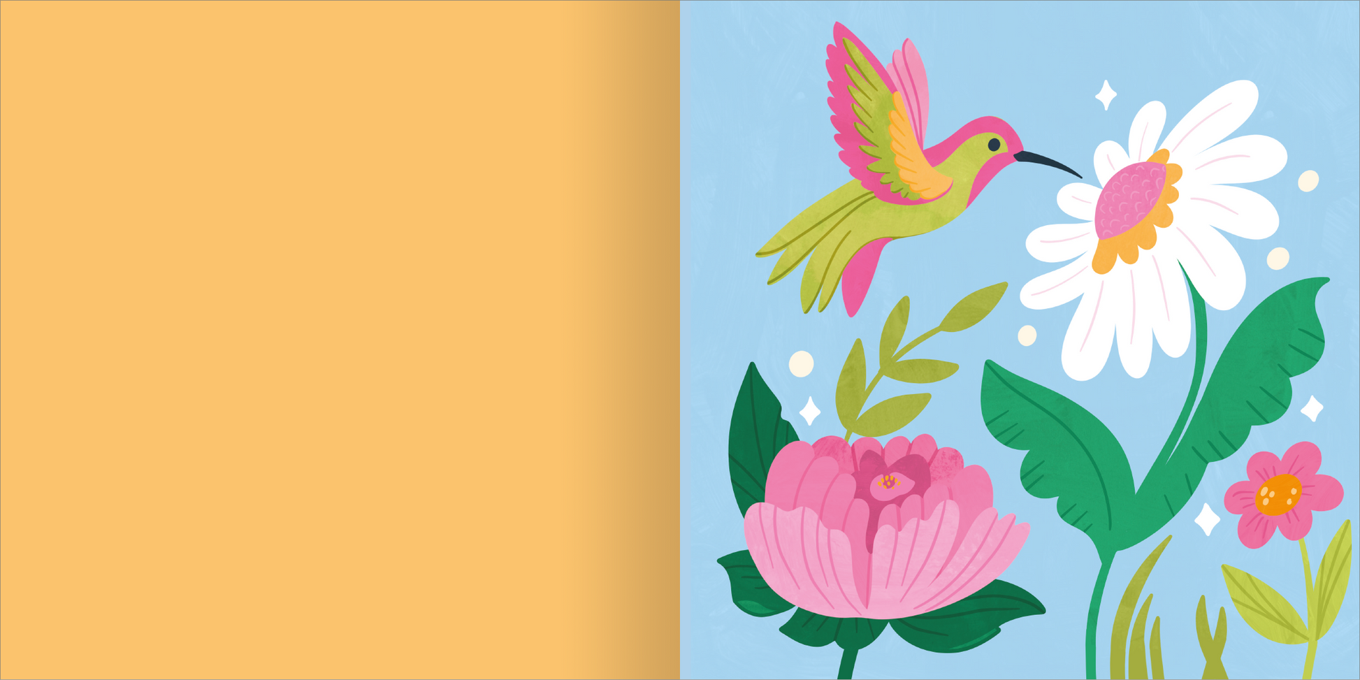 Gezeigt wird eine Innen- oder Zusatzansicht von „I Love to Bloom – Diamantsticker“. Das Bild zeigt eine farbenfrohe Illustration mit einem schillernden Kolibri, der an einer großen weißen Blume nippt. Umrahmt wird das zentrale Motiv von grünen Blättern und weiteren bunten Blumen wie einer zarten Pfingstrose in Rosa und kleinen pinken Blüten. Der Hintergrund ist tief himmelblau, was die lebhaften Farben der Blüten und den Vogel hervorhebt. Die Schrift ist modern und fröhlich...