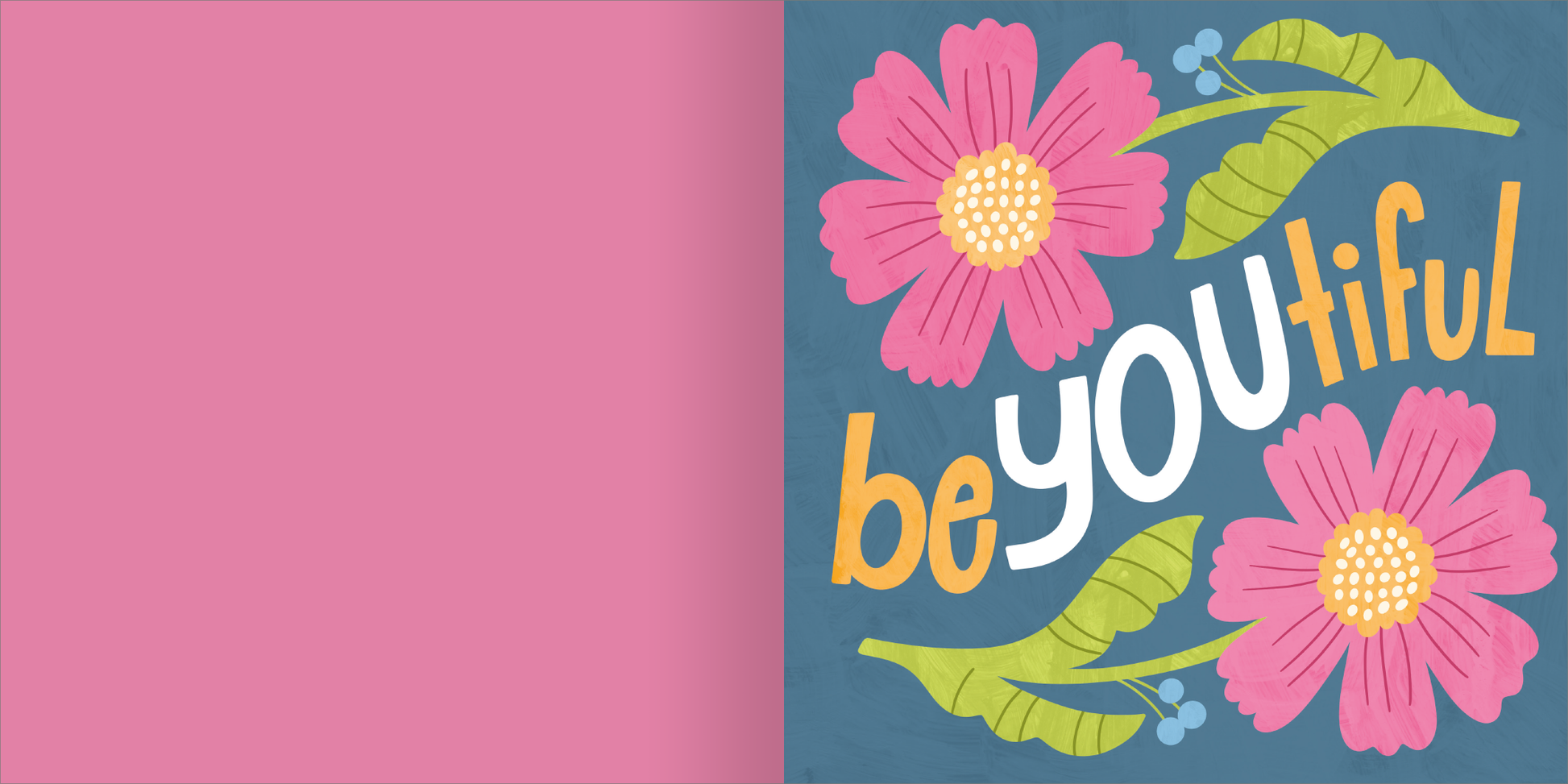 Gezeigt wird eine Innen- oder Zusatzansicht von „I Love to Bloom – Diamantsticker“. Der Hintergrund ist in einem kräftigen Dunkelblau gehalten, während große pinke Blumen mit gelben Blütenmitten prominent abgebildet sind. Die Worte „be YOU tiful“ sind in unterschiedlichen Farben gestaltet: „be“ in leuchtendem Gelb, „YOU“ in strahlendem Weiß und „tiful“ in Orange. Die Schrift ist verspielt und kindgerecht, ergänzt durch grüne Blätter und kleine blaue Blüten.