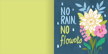 Gezeigt wird eine Innen- oder Zusatzansicht von „I Love to Bloom – Diamantsticker“. Der Hintergrund ist in einem tiefen Blau gehalten, das kontrastiert mit hellen Blumenmotiven in verschiedenen Farben, darunter Gelb, Rosa und Weiß. Die Typografie lässt die Botschaft „NO RAIN, NO FLOWERS“ in einem dynamischen und verspielten Stil erscheinen, wobei die Wörter in Gelb und Weiß gestaltet sind. Links befindet sich eine grüne Fläche, die optische Balance schafft.