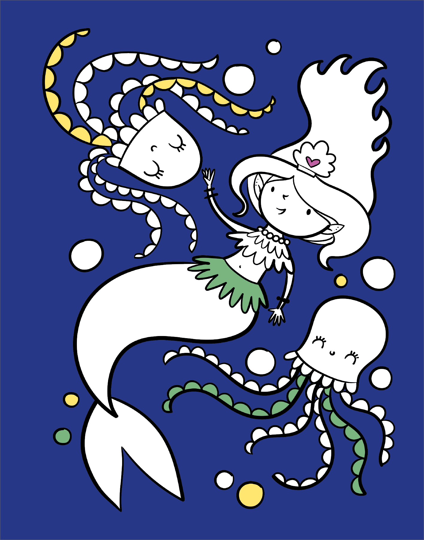 Gezeigt wird eine Innen- oder Zusatzansicht von „Diamant-Malbuch Meerjungfrauen“. Die Illustration zeigt eine fröhliche Meerjungfrau mit einer hellen Haarfarbe, die eine Krone trägt. Sie ist umgeben von zwei bunten Quallen in Weiß und Gelb, die sanft schwimmen. Der Hintergrund ist in einem tiefen Blau gehalten, während die Meerjungfrau in leuchtenden Farben wie Grün und Weiß dargestellt ist. Die klaren, spielerischen Linien und die einfache Typografie verleihen dem Bild eine...