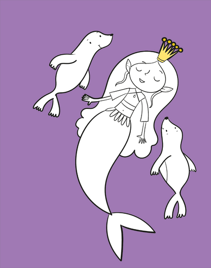 Gezeigt wird eine Innen- oder Zusatzansicht von „Diamant-Malbuch Meerjungfrauen“. Die Illustration zeigt eine Meerjungfrau mit langen, fließenden Haaren und einer Krone, umgeben von zwei spielenden Seelöwen. Der Hintergrund ist in sanften Lilatönen gehalten, während die Meerjungfrau in kontrastierendem Weiß dargestellt wird. Die Zeichnung ist in einer kindlichen, verspielten Typografie und zeigt einfache Linienführungen, die zum Ausmalen einladen.