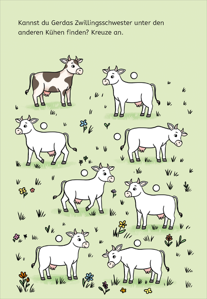 Gezeigt wird eine Innen- oder Zusatzansicht von „Zauberbilder-Rätsel – Tiere“. Das Bild zeigt eine Gruppenansicht von sechs Kühen auf einer hellgrünen Wiese, umgeben von bunten Blumen. Die Kühe sind cartoonhaft mit verschiedenen Zeichnungen dargestellt; eine Kuh hat ein schwarz-weißes Fell, während die anderen weiß sind. Oben befindet sich ein Fragewortlaut in klarer, einfacher Schrift: „Kannst du Gerdas Zwillingsschwester unter den anderen Kühen finden? Kreuze an.“ Die Kühe...
