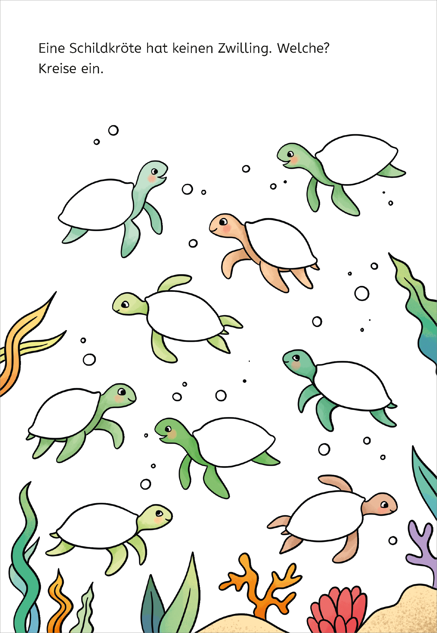 Gezeigt wird eine Innen- oder Zusatzansicht von „Zauberbilder-Rätsel – Tiere“. Die Darstellung zeigt mehrere Meeresschildkröten in unterschiedlichen Farben, schwimmend in einem unterwasserartigen Umfeld. Um die Schildkröten herum sind farbenfrohe, verschnörkelte Pflanzen zu sehen. Ein Text in der oberen linken Ecke fordert heraus: „Eine Schildkröte hat keinen Zwilling. Welche? Kreise ein.“