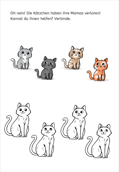Gezeigt wird eine Innen- oder Zusatzansicht von „Zauberbilder-Rätsel – Tiere“. Das Bild zeigt fünf niedliche Katzen in verschiedenen Farben, darunter grau, orange und braun, die eingekreist sind. Oben steht der Text „Oh nein! Die Kätzchen haben ihre Mamas verloren! Kannst du ihnen helfen? Verbinde.“ in einer klaren, gut lesbaren Schrift. Unten befinden sich vier weiße Katzen in derselben Anordnung, die darauf warten, ausgemalt zu werden. Die Farbgestaltung ist hell und ansprechend.