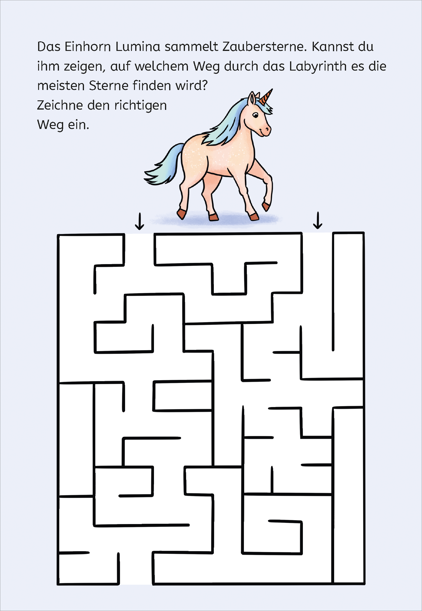 Gezeigt wird eine Innen- oder Zusatzansicht von „Zauberbilder-Rätsel – Einhörner“. Die Illustration zeigt ein niedliches Einhorn namens Lumina, das Zaubersterne sammelt, auf einem hellblauen Hintergrund. Darunter befindet sich ein Labyrinth, das in schwarzen Linien auf weißem Grund gezeichnet ist. Oben steht der Text: „Kannst du ihm zeigen, auf welchem Weg es die meisten Sterne finden wird?“.