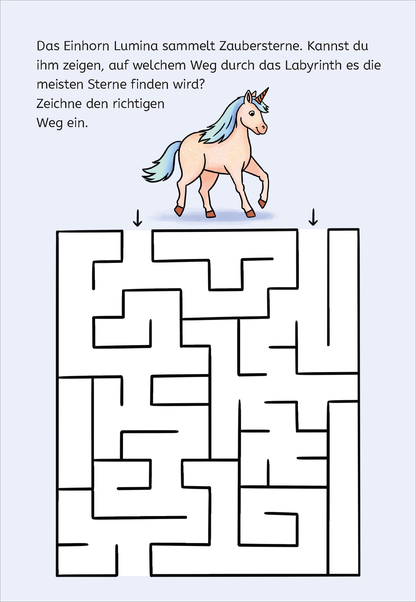 Gezeigt wird eine Innen- oder Zusatzansicht von „Zauberbilder-Rätsel – Einhörner“. Die Illustration zeigt ein niedliches Einhorn namens Lumina, das Zaubersterne sammelt, auf einem hellblauen Hintergrund. Darunter befindet sich ein Labyrinth, das in schwarzen Linien auf weißem Grund gezeichnet ist. Oben steht der Text: „Kannst du ihm zeigen, auf welchem Weg es die meisten Sterne finden wird?“.