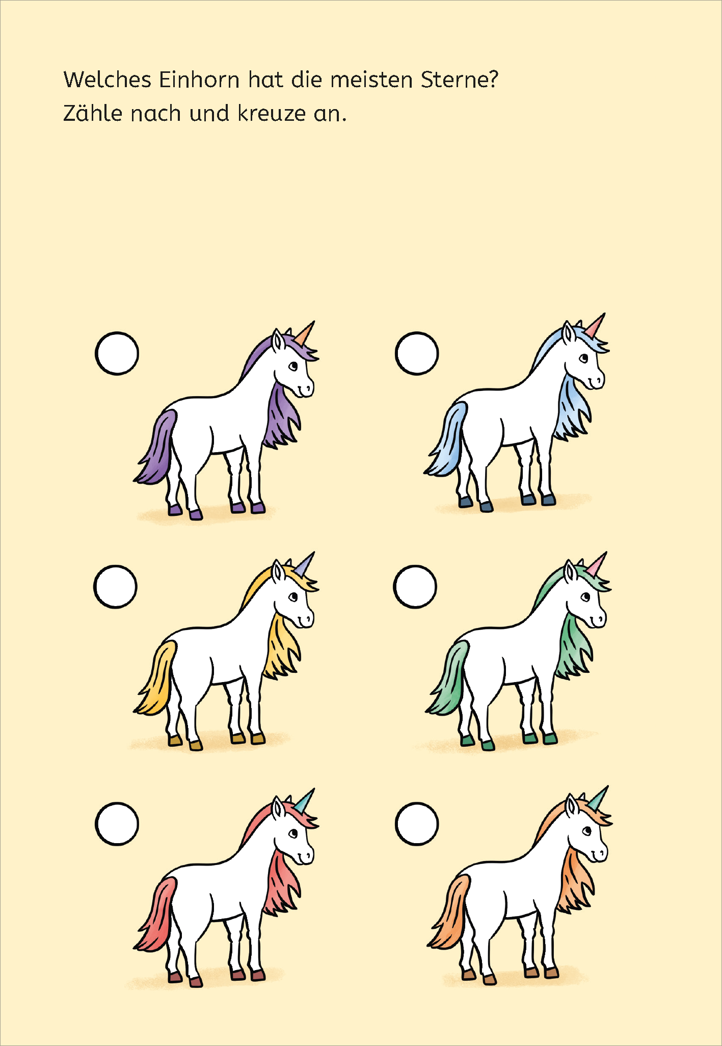Gezeigt wird eine Innen- oder Zusatzansicht von „Zauberbilder-Rätsel – Einhörner“. Auf einem hellen, pastellgelben Hintergrund sind sechs niedliche Einhörner abgebildet, die in verschiedenen Farben gestaltete Mähnen haben. Oberhalb der Einhörner steht die Frage „Welches Einhorn hat die meisten Sterne?“ in klarer, gut lesbarer Schrift. Neben den Einhörnern befinden sich leere Kreise zum Ankreuzen der Antworten. Die gesamte Gestaltung ist farbenfroh und kinderfreundlich.