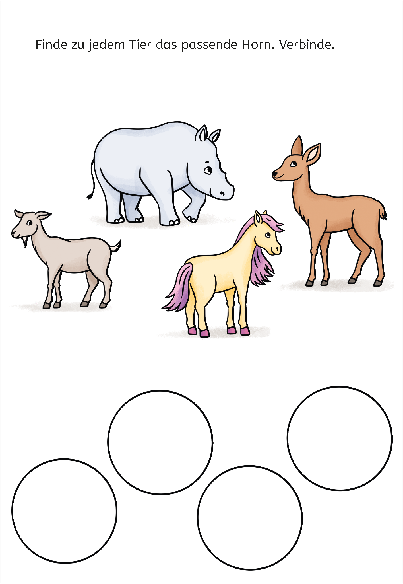 Gezeigt wird eine Innen- oder Zusatzansicht von „Zauberbilder-Rätsel – Einhörner“. Die Illustration zeigt vier Tiere: ein Zicklein, ein Nashorn, ein Reh und ein Einhorn mit bunter Mähne. Über den Tieren steht der Text „Finde zu jedem Tier das passende Horn. Verbinde.“ Die Farben sind lebhaft und spielerisch. Vier leere Kreise am unteren Bildrand sollen ausgemalt werden, um die richtigen Hörner der Tiere sichtbar zu machen.
