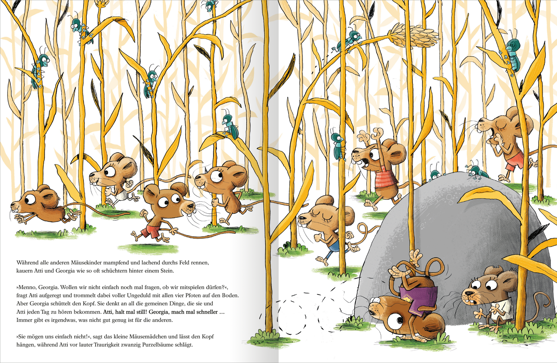 Gezeigt wird eine Innen- oder Zusatzansicht von „Das Beste an uns“. Die Illustration zeigt eine bunte Szenerie mit mehreren kleinen Mäusen, die fröhlich durch ein hohes Maisfeld laufen. Die Mäuse sind in verschiedenen Posen dargestellt, umgeben von gelben Maisstängeln und grünen Grashalmen. Im Hintergrund ist ein großer Stein erkennbar. Die Farben sind lebhaft und einladend, mit einem dominierenden Gelb und verschiedenen Brauntönen für die Mäuse. Die Typografie ist spielerisch und...