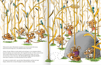 Gezeigt wird eine Innen- oder Zusatzansicht von „Das Beste an uns“. Die Illustration zeigt eine bunte Szenerie mit mehreren kleinen Mäusen, die fröhlich durch ein hohes Maisfeld laufen. Die Mäuse sind in verschiedenen Posen dargestellt, umgeben von gelben Maisstängeln und grünen Grashalmen. Im Hintergrund ist ein großer Stein erkennbar. Die Farben sind lebhaft und einladend, mit einem dominierenden Gelb und verschiedenen Brauntönen für die Mäuse. Die Typografie ist spielerisch und...