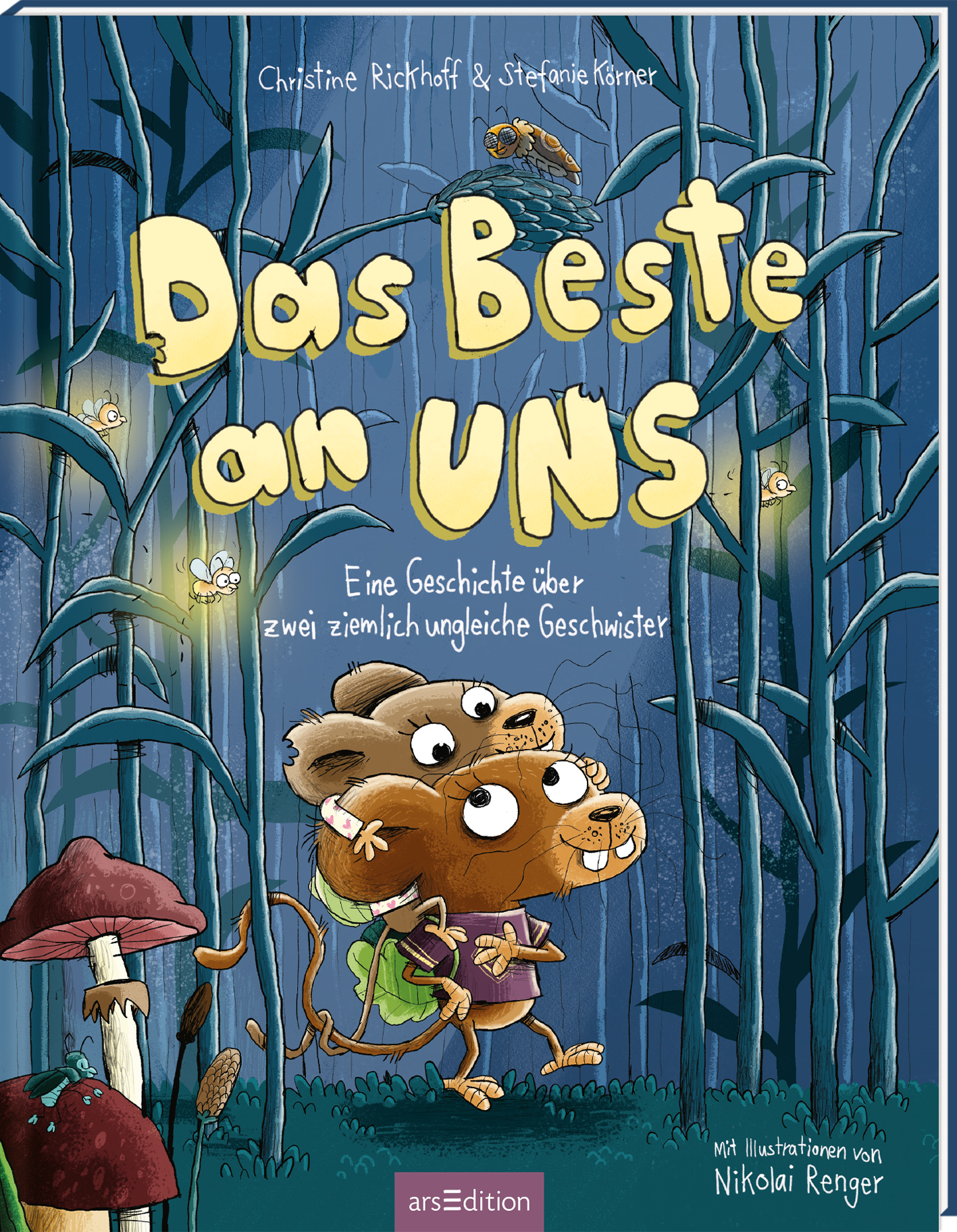Auf dem Buchcover „Das Beste an UNS“ von Christine Rickhoff und Stefanie Körner sind zwei sympathische Mäuse abgebildet, die in einem märchenhaften Wald stehen. Der Hintergrund präsentiert düstere, grüne Bäume und leuchtende Glühwürmchen, die eine magische Atmosphäre schaffen. Der Titel ist in großen, gelben Buchstaben gestaltet und strahlt Freundlichkeit aus. Am unteren Rand des Covers steht in kleinerer Schrift: „Eine Geschichte über zwei ziemlich ungleiche Geschwister“....