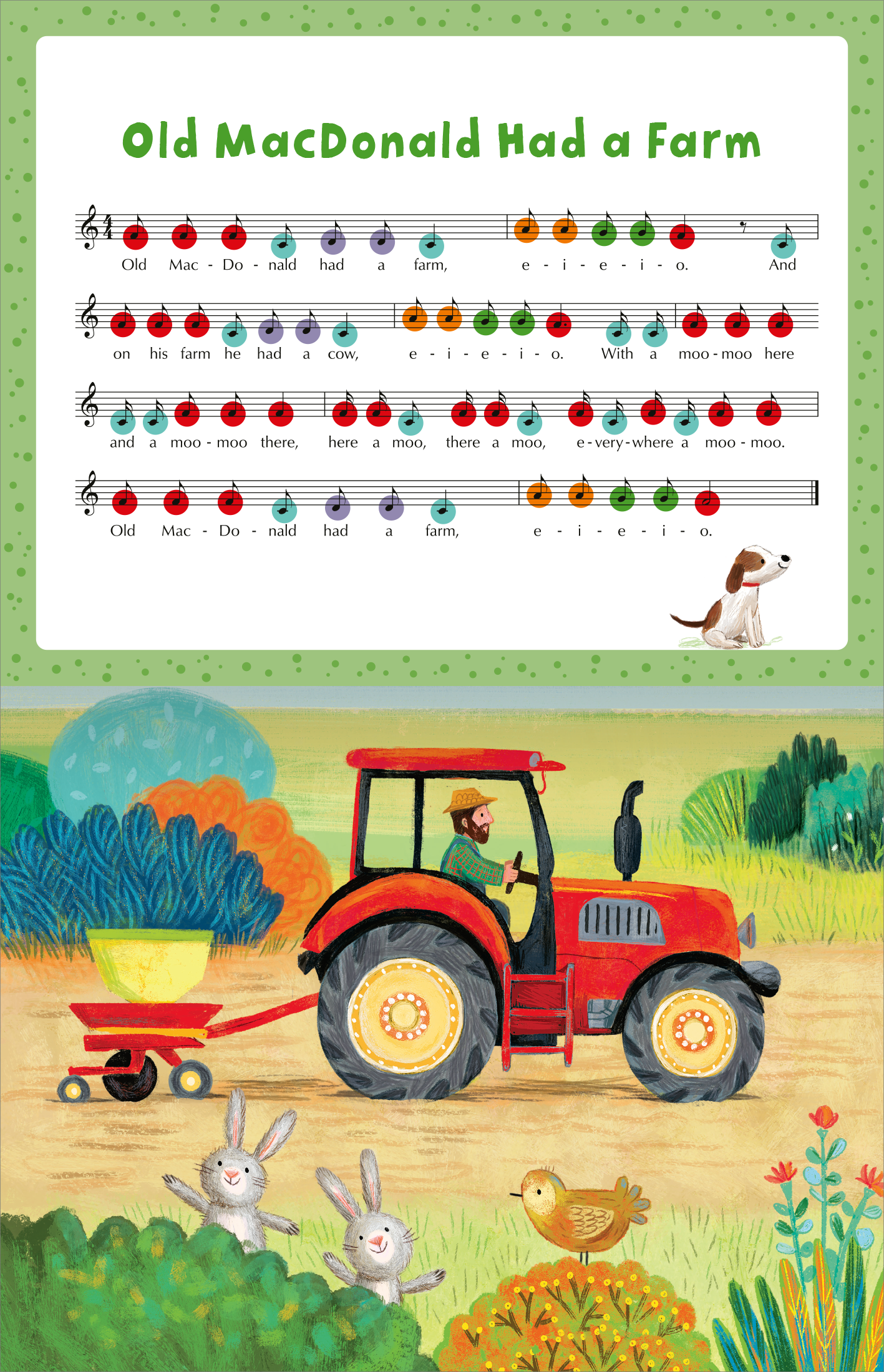 Gezeigt wird eine Innen- oder Zusatzansicht von „My Piano Book | Mein Klavierbuch“. Die Seite zeigt das Lied „Old MacDonald Had a Farm“ in Notenschrift. Die Überschrift ist in verspielter, grüner Schrift gehalten. Im unteren Bereich befindet sich eine illustrierte Szene mit einem roten Traktor, einem Bauern, einem Hund und verschiedenen Tieren wie Kaninchen und einem Vogel, umgeben von bunten Pflanzen. Die Farben sind lebhaft und ansprechend, gestaltet für Kinder.