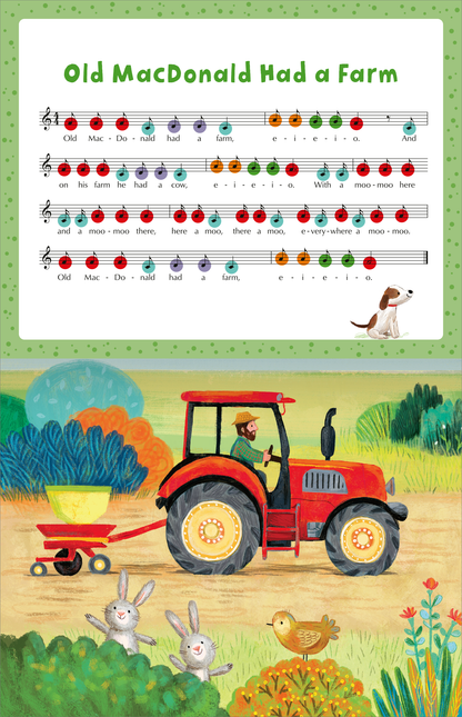 Gezeigt wird eine Innen- oder Zusatzansicht von „My Piano Book | Mein Klavierbuch“. Die Seite zeigt das Lied „Old MacDonald Had a Farm“ in Notenschrift. Die Überschrift ist in verspielter, grüner Schrift gehalten. Im unteren Bereich befindet sich eine illustrierte Szene mit einem roten Traktor, einem Bauern, einem Hund und verschiedenen Tieren wie Kaninchen und einem Vogel, umgeben von bunten Pflanzen. Die Farben sind lebhaft und ansprechend, gestaltet für Kinder.