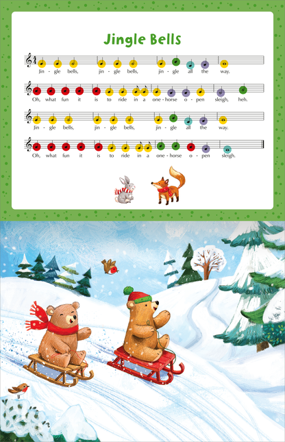 Gezeigt wird eine Innen- oder Zusatzansicht von „My Piano Book | Mein Klavierbuch“. Oben befindet sich das Notenblatt für „Jingle Bells“, in bunten Noten mit rot, gelb und grün hervorgehobenen Tonhöhen. Darunter ist eine farbenfrohe Illustration, die zwei Bären zeigt, die auf Schlitten in einer verschneiten Winterlandschaft fahren. Die Bildunterschrift ist in fröhlichen, leicht lesbaren Buchstaben gestaltet, vor einem hellgrünen Hintergrund mit kleinen Punkten.