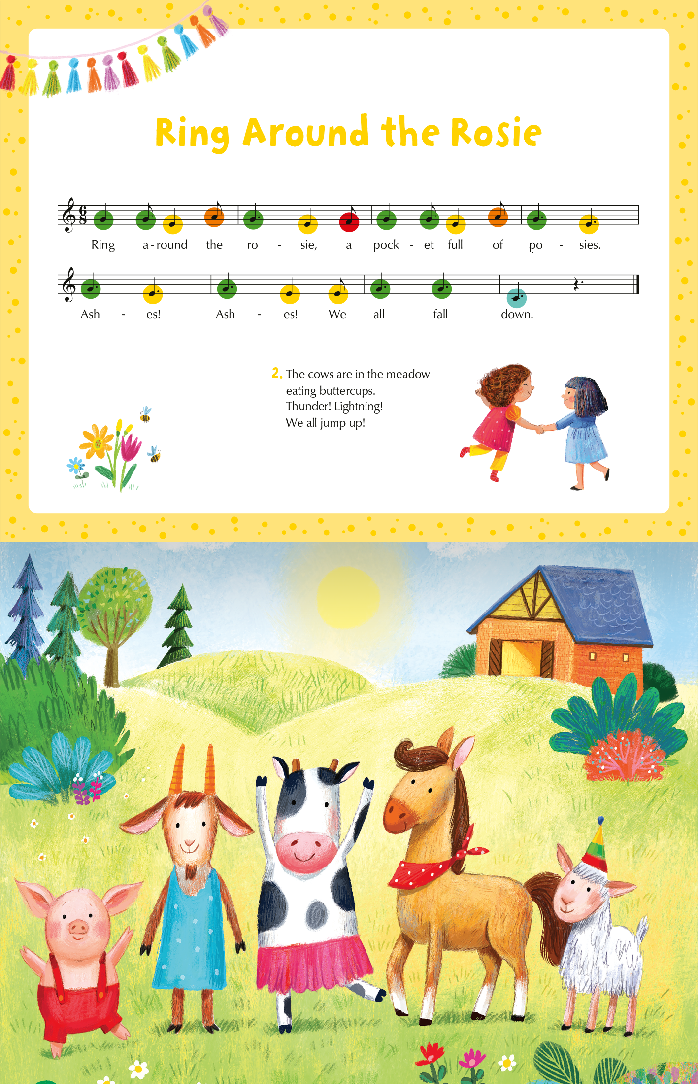 Gezeigt wird eine Innen- oder Zusatzansicht von „My Piano Book | Mein Klavierbuch“. Oben befindet sich ein Notenblatt mit dem Titel „Ring Around the Rosie“ in bunten Notenfarben, umgeben von einer gelben Umrandung. Darunter ist eine Szene mit fröhlichen, kindlichen Tierfiguren: einem Schwein, einer Kuh, einem Pferd, einer Ziege und einem Schaf, die auf einer grünen Wiese stehen. Im Hintergrund sind Bäume und ein rotes Haus mit einem blauen Dach zu sehen, unter einem strahlenden...