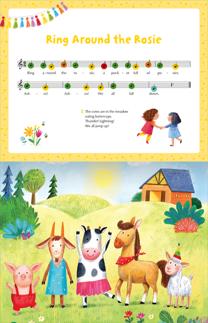 Gezeigt wird eine Innen- oder Zusatzansicht von „My Piano Book | Mein Klavierbuch“. Oben befindet sich ein Notenblatt mit dem Titel „Ring Around the Rosie“ in bunten Notenfarben, umgeben von einer gelben Umrandung. Darunter ist eine Szene mit fröhlichen, kindlichen Tierfiguren: einem Schwein, einer Kuh, einem Pferd, einer Ziege und einem Schaf, die auf einer grünen Wiese stehen. Im Hintergrund sind Bäume und ein rotes Haus mit einem blauen Dach zu sehen, unter einem strahlenden...