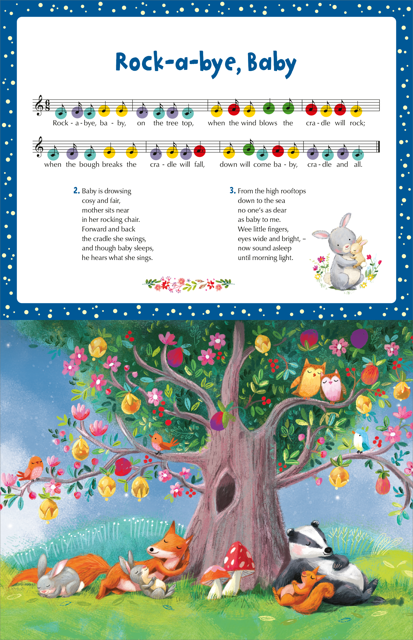 Gezeigt wird eine Innen- oder Zusatzansicht von „My Piano Book | Mein Klavierbuch“. Die Seite zeigt den Text des Liedes „Rock-a-bye, Baby“ in klarer, gut lesbarer Schriftart auf einem blauen Hintergrund mit weißen Punkten. Oben sind Noten angeordnet, darunter befindet sich eine farbenfrohe Illustration eines Baumes, umgeben von Tieren, die friedlich schlafen. Die sanften Farben und verspielten Motive schaffen eine einladende und freundliche Atmosphäre für Kinder.