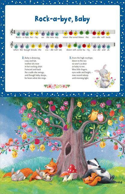 Gezeigt wird eine Innen- oder Zusatzansicht von „My Piano Book | Mein Klavierbuch“. Die Seite zeigt den Text des Liedes „Rock-a-bye, Baby“ in klarer, gut lesbarer Schriftart auf einem blauen Hintergrund mit weißen Punkten. Oben sind Noten angeordnet, darunter befindet sich eine farbenfrohe Illustration eines Baumes, umgeben von Tieren, die friedlich schlafen. Die sanften Farben und verspielten Motive schaffen eine einladende und freundliche Atmosphäre für Kinder.