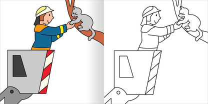 Gezeigt wird eine Innen- oder Zusatzansicht von „Mein erstes dickes Malbuch ab 2 – Polizei &amp; Feuerwehr“. Die Abbildung zeigt auf der linken Seite einen Feuerwehrmann in bunten Farben, der aus einem Feuerwehrfahrzeug heraus eine Katze von einem Baum rettet. Der Hintergrund ist hell und freundlich. Auf der rechten Seite befindet sich eine Ausmalvorlage in schwarz-weiß derselben Szene, die Kinder zum Ausmalen einlädt. Die Linien sind klar und einfach gestaltet.