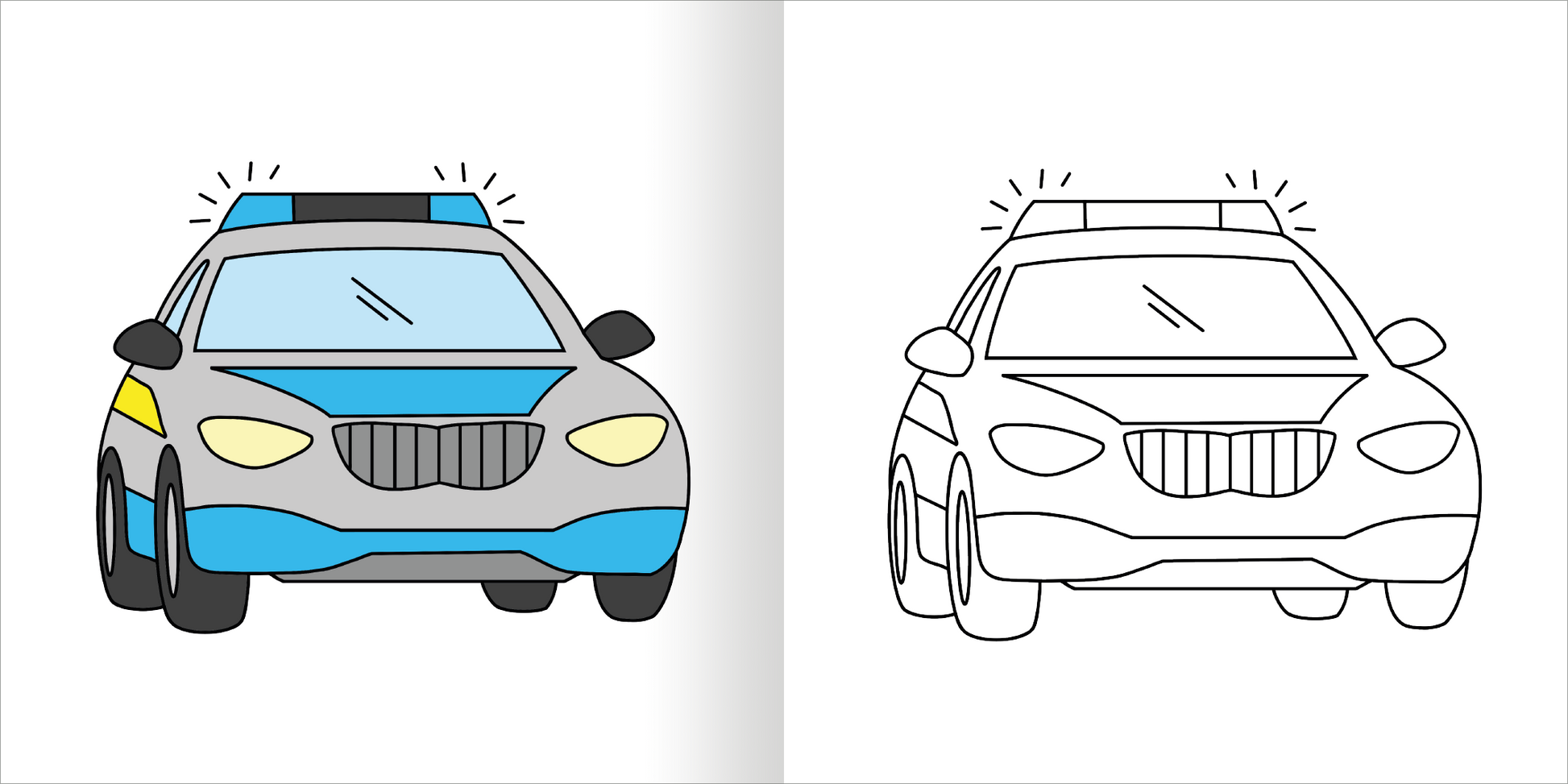 Gezeigt wird eine Innen- oder Zusatzansicht von „Mein erstes dickes Malbuch ab 2 – Polizei &amp; Feuerwehr“. Die Abbildung zeigt ein farbiges Polizeiauto links in Grautönen mit blauen und gelben Akzenten. Rechts daneben befindet sich dasselbe Auto in konturierter, schwarz-weißer Darstellung, bereit zum Ausmalen. Die freundliche, simple Typografie und die klaren Linien sprechen die Zielgruppe an und laden zur kreativen Betätigung ein.