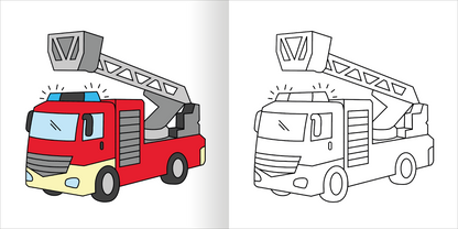 Gezeigt wird eine Innen- oder Zusatzansicht von „Mein erstes dickes Malbuch ab 2 – Polizei &amp; Feuerwehr“. Die Abbildung zeigt links ein buntes Feuerwehrfahrzeug in lebhaftem Rot mit einem grauen Löscharm und blauen Lichtern. Rechts ist dieselbe Zeichnung in Schwarz-Weiß zum Ausmalen abgebildet. Die klaren Linien und einfachen Formen sind kindgerecht gestaltet und laden zum kreativen Ausmalen ein. Das Layout fördert das Verständnis und die Freude am Thema Feuerwehr.