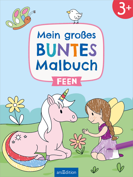 Das Cover zeigt ein fröhliches, kinderfreundliches Design mit bunten, handgezeichneten Illustrationen. In der oberen Mitte steht der Titel „Mein großes BUNTES Malbuch“ in bunten Buchstaben, darunter das Wort „FEEN“ in einer einheitlichen Farbe. Ein Einhorn mit einem bunten Horn und eine kleine Fee, die mit einem lila Buntstift ausgemalt wird, sind zentral platziert und umgeben von bunten Blumen und Schmetterlingen. Ganz oben rechts befindet sich der Hinweis „3+“. Ganz unten mittig...
