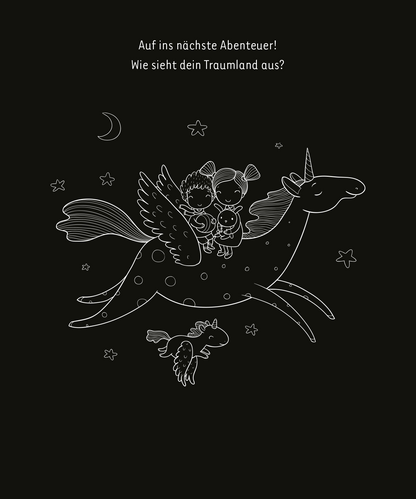 Gezeigt wird eine Innen- oder Zusatzansicht von „Mein leuchtendes Einhorn-Kritzkratz-Buch“. Auf einem schwarzen Hintergrund sind zwei Kinder sowie ein Tier abgebildet, die auf einem großen, fliegenden Einhorn sitzen. Das Einhorn hat große, geflügelte Ausmaße und ist in weißer Linie dargestellt. Über den Figuren sind Sterne und ein Mond platziert. Der Text „Auf ins nächste Abenteuer! Wie sieht dein Traumland aus?“ hebt sich in einer klaren, freundlichen Schrift hervor.