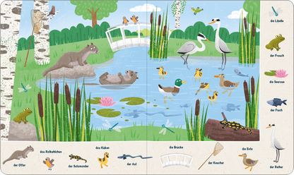 Gezeigt wird eine Innen- oder Zusatzansicht von „Mein 100 Sachen-Suchbuch – Bei den Tieren“. Die farbenfrohe Darstellung zeigt einen Gewässerbereich mit verschiedenen Tieren, darunter Otter, Frösche und Vögel, umgeben von grünen Pflanzen und Bäumen. Eine brückenartige Struktur durchquert die Szenerie, während zahlreiche kleine Details wie Insekten und Fische in lebendigen Farben hervorgehoben werden. Die Typografie mit kindgerechten Schriftzügen ist klar und gut lesbar, ergänzt...