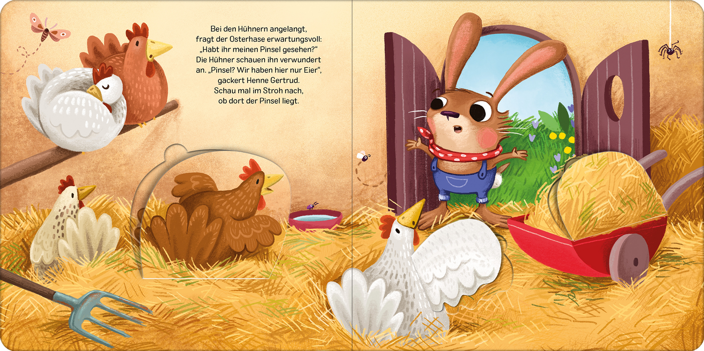 Gezeigt wird eine Innen- oder Zusatzansicht von „Der vergessliche Osterhase“. Die Szene zeigt einen charmanten, etwas verlegenen Osterhasen in einem gemütlichen Hühnerstall. Die Hühner sind in verschiedenen Positionen platziert, teils sitzend, teils stehend, und haben natürliche Brauntöne. Der Hintergrund ist in sanften Gelbtönen gehalten, die Heu und warme Atmosphäre widerspiegeln. Der Osterhase trägt eine blaue Latzhose und hat große, aufmerksame Ohren, die seine Neugierde...