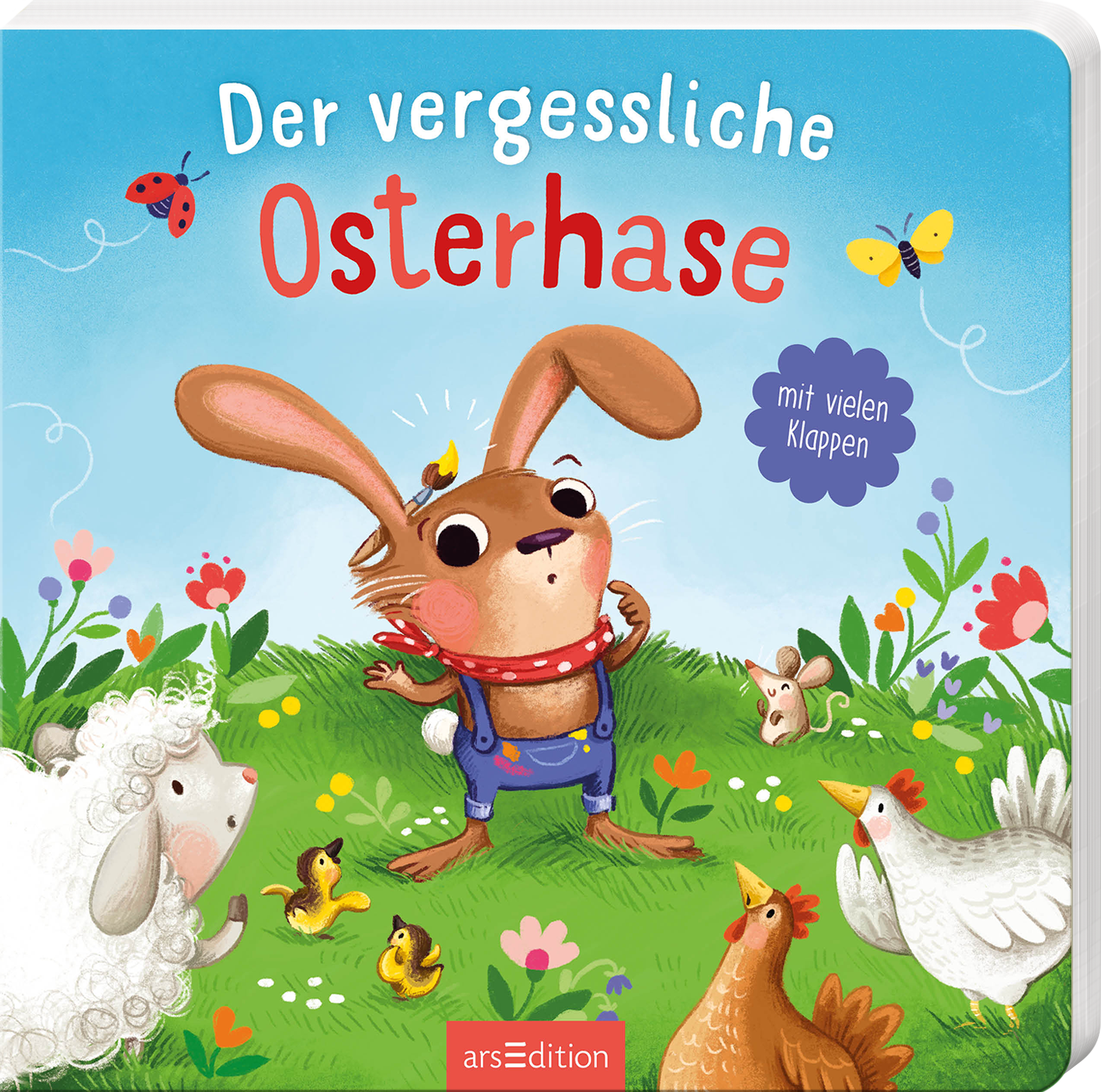 Das Buchcover zeigt einen fröhlichen, cartoonhaften Osterhasen in blauer Latzhose mit rotem Halstuch, der in einer bunten Frühlingslandschaft steht. Um ihn herum spielen ein Schaf, Küken und eine Henne, während bunte Blumen und Schmetterlinge das Bild beleben. Der Titel „Der vergessliche Osterhase“ ist in verspielter, weißer Schrift oben platziert, während ein blauer Kreis mit dem Text „mit vielen Klappen“ rechts oben hervorsticht. Ganz unten mittig steht der Logoschriftzug von...