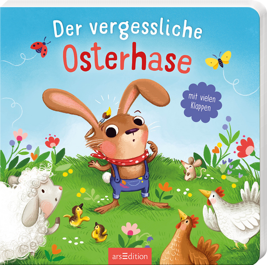 Das Buchcover zeigt einen fröhlichen, cartoonhaften Osterhasen in blauer Latzhose mit rotem Halstuch, der in einer bunten Frühlingslandschaft steht. Um ihn herum spielen ein Schaf, Küken und eine Henne, während bunte Blumen und Schmetterlinge das Bild beleben. Der Titel „Der vergessliche Osterhase“ ist in verspielter, weißer Schrift oben platziert, während ein blauer Kreis mit dem Text „mit vielen Klappen“ rechts oben hervorsticht. Ganz unten mittig steht der Logoschriftzug von...