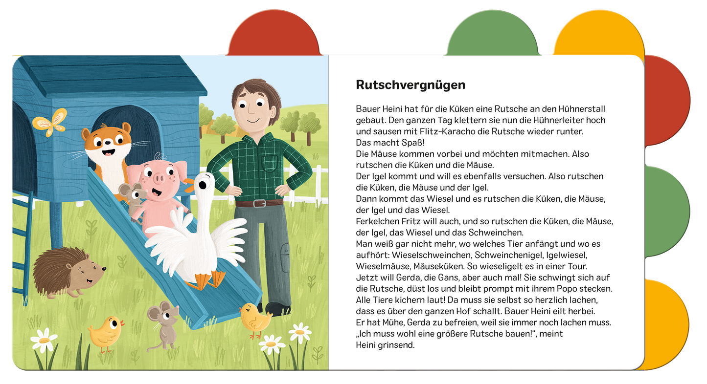 Gezeigt wird eine Innen- oder Zusatzansicht von „Vorlesegeschichten für Klitzekleine – Bauernhof“. Die Darstellung zeigt Bauer Hein in einer fröhlichen Szene vor einem Hühnerstall, umgeben von verschiedenen Tieren wie Mäusen, einem Fuchs und einem Schwein. Die Farbpalette umfasst lebendige Grüntöne und sanfte Pastellfarben. Die klare, kindgerechte Typografie hebt den Text hervor, während die Illustration eine einladende und spielerische Atmosphäre schafft.