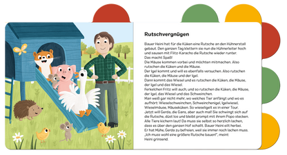 Gezeigt wird eine Innen- oder Zusatzansicht von „Vorlesegeschichten für Klitzekleine – Bauernhof“. Die Darstellung zeigt Bauer Hein in einer fröhlichen Szene vor einem Hühnerstall, umgeben von verschiedenen Tieren wie Mäusen, einem Fuchs und einem Schwein. Die Farbpalette umfasst lebendige Grüntöne und sanfte Pastellfarben. Die klare, kindgerechte Typografie hebt den Text hervor, während die Illustration eine einladende und spielerische Atmosphäre schafft.