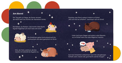 Gezeigt wird eine Innen- oder Zusatzansicht von „Vorlesegeschichten für Klitzekleine – Bauernhof“. Die Seite zeigt eine dunkle Nachtlandschaft mit leuchtenden Sternen im Hintergrund. Zentrale Elemente sind niedliche, cartoonhafte Tiere wie Schafe, ein Pferd, eine Kuh und eine Katze, die in verschiedenen entspannten Schlafpositionen dargestellt sind. Die Typografie ist kindgerecht und gut lesbar, die Farben sind überwiegend sanft und harmonisch, wobei helle Pastelltöne und ein sattes...