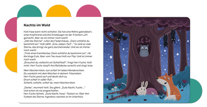 Gezeigt wird eine Innen- oder Zusatzansicht von „Vorlesegeschichten für Klitzekleine – Im Wald“. Die Seite enthält einen farbenfrohen Illustrationsbereich mit einem großen Baum unter sternenklarem Himmel. Links steht der Text in klarer, gut lesbarer Schrift, der eine nächtliche Waldszene beschreibt. Die Farben sind sanft und einladend, mit Grün- und Brauntönen, ergänzt durch leuchtende Akzente wie Gelb und Orange, die den kindlichen Charakter unterstreichen.