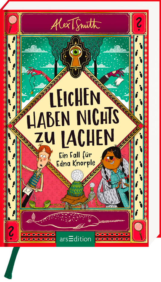 Das Buchcover zeigt eine lebhafte, bunten Illustration mit zwei Kindern, die humorvoll und neugierig wirken. Die Schrift des Titels „LEICHEN HABEN NICHTS ZU LACHEN“ ist groß und auffällig, eingebettet in ein Quadrat. Unten mittig ist eine Schildkröte mit Mütze abgebildet. Oben befindet sich der Namen des Autors Alex T. Smith in einer verspielten Schrift. Ganz unten mittig steht der Logoschriftzug von arsEdition