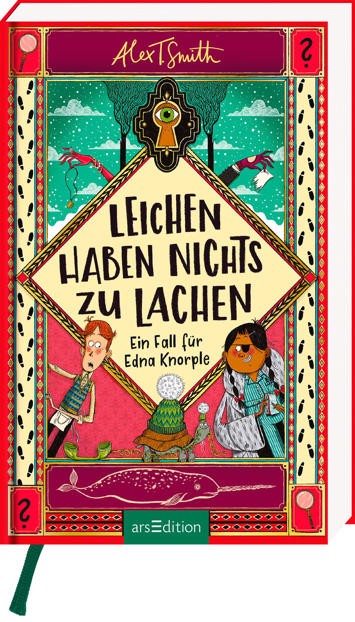 Das Buchcover zeigt eine lebhafte, bunten Illustration mit zwei Kindern, die humorvoll und neugierig wirken. Die Schrift des Titels „LEICHEN HABEN NICHTS ZU LACHEN“ ist groß und auffällig, eingebettet in ein Quadrat. Unten mittig ist eine Schildkröte mit Mütze abgebildet. Oben befindet sich der Namen des Autors Alex T. Smith in einer verspielten Schrift. Ganz unten mittig steht der Logoschriftzug von arsEdition