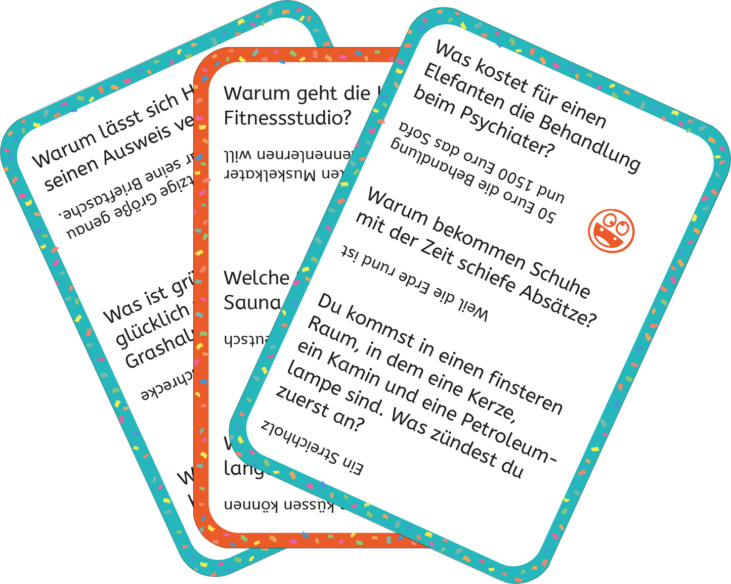 Gezeigt wird eine Innen- oder Zusatzansicht von „Erstleser-Witze Scherzfragen“. Die Abbildung zeigt mehrere bunt gestaltete Karten mit abgerundeten Ecken. Jede Karte hat einen farbigen Rahmen – blau, orange und rot – und enthält eine witzige Scherzfrage in klarer, großer Schrift. Der Hintergrund ist hell, was die Lesbarkeit unterstützt, und es gibt eine fröhliche Symbolik mit bunten, kleinen Punkten. Die Karten laden zum Schmunzeln und Nachdenken ein.