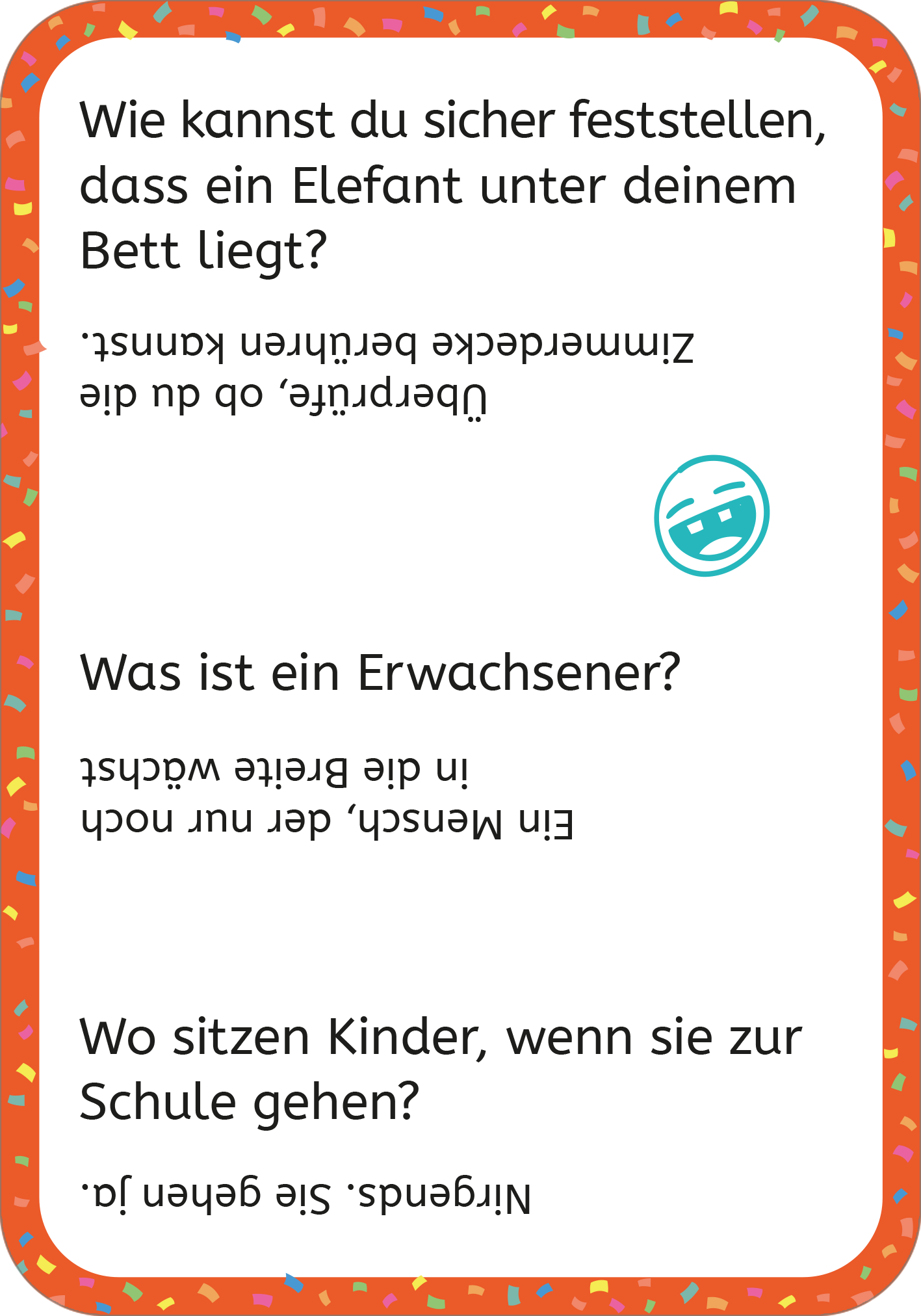 Gezeigt wird eine Innen- oder Zusatzansicht von „Erstleser-Witze Scherzfragen“. Die Seite enthält mehrere Scherzfragen in klarer, gut lesbarer Typografie. Die Fragen sind in schwarzer Schrift auf weißem Hintergrund gedruckt, umrahmt von einem bunten Rand mit Konfetti-Muster in verschiedenen Farben. Ein Smiley mit einem lachenden Gesicht ist neben einer Frage platziert. Die Gestaltung ist kinderfreundlich und einladend, fördert das Lesevergnügen sowie das Rätseln.
