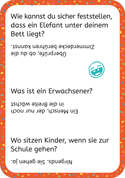 Gezeigt wird eine Innen- oder Zusatzansicht von „Erstleser-Witze Scherzfragen“. Die Seite enthält mehrere Scherzfragen in klarer, gut lesbarer Typografie. Die Fragen sind in schwarzer Schrift auf weißem Hintergrund gedruckt, umrahmt von einem bunten Rand mit Konfetti-Muster in verschiedenen Farben. Ein Smiley mit einem lachenden Gesicht ist neben einer Frage platziert. Die Gestaltung ist kinderfreundlich und einladend, fördert das Lesevergnügen sowie das Rätseln.
