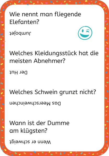 Gezeigt wird eine Innen- oder Zusatzansicht von „Erstleser-Witze Scherzfragen“. Die Seite ist mit bunten Konfetti-Mustern an den Rändern verziert. Zentrale Elemente sind humorvolle Fragen in klarer, schwarzer Typografie, die hervorgehoben werden. Ein Smiley ergänzt die Fragen und sorgt für eine freundliche Ansprache. Die Schrift ist groß und gut lesbar, was die Zugänglichkeit fördert.