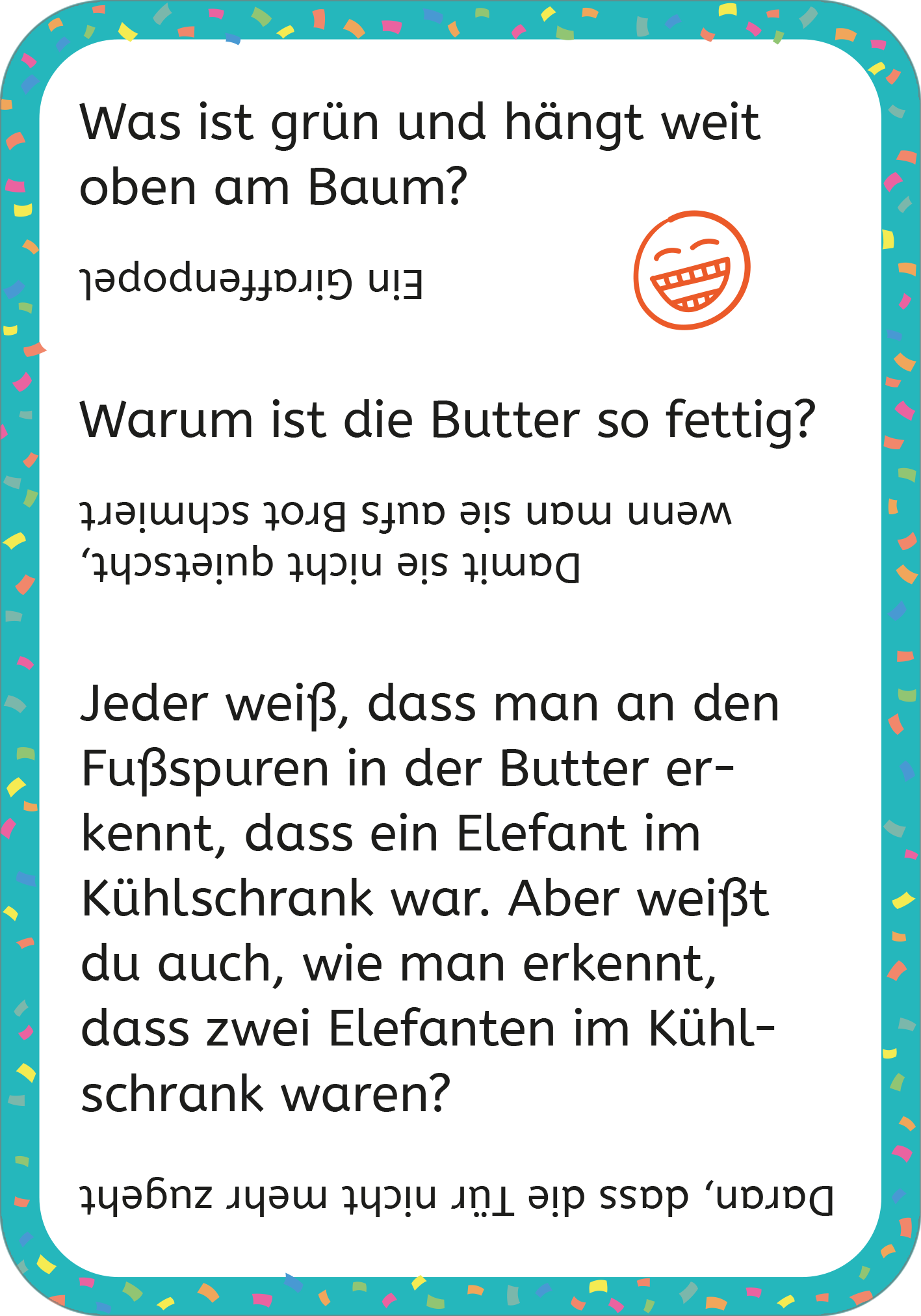 Gezeigt wird eine Innen- oder Zusatzansicht von „Erstleser-Witze Scherzfragen“. Die Seite zeigt bunte, künstlerische Elemente mit einem fröhlichen, blauen Hintergrund. Ansprechend gestaltete Witze sind in klarer, einfacher Schrift präsentiert, wobei eine orangefarbene Lachgesicht-Illustration hervorsticht. Die Farben sind lebhaft und einladend, die Texte sind großzügig formatiert, was das Lesen erleichtert und die kindliche Neugier anregt.