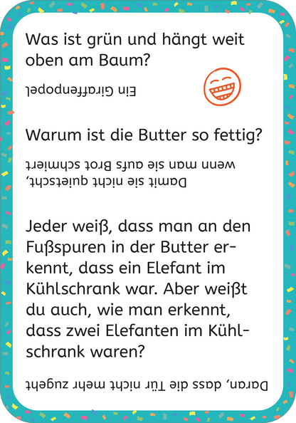 Gezeigt wird eine Innen- oder Zusatzansicht von „Erstleser-Witze Scherzfragen“. Die Seite zeigt bunte, künstlerische Elemente mit einem fröhlichen, blauen Hintergrund. Ansprechend gestaltete Witze sind in klarer, einfacher Schrift präsentiert, wobei eine orangefarbene Lachgesicht-Illustration hervorsticht. Die Farben sind lebhaft und einladend, die Texte sind großzügig formatiert, was das Lesen erleichtert und die kindliche Neugier anregt.