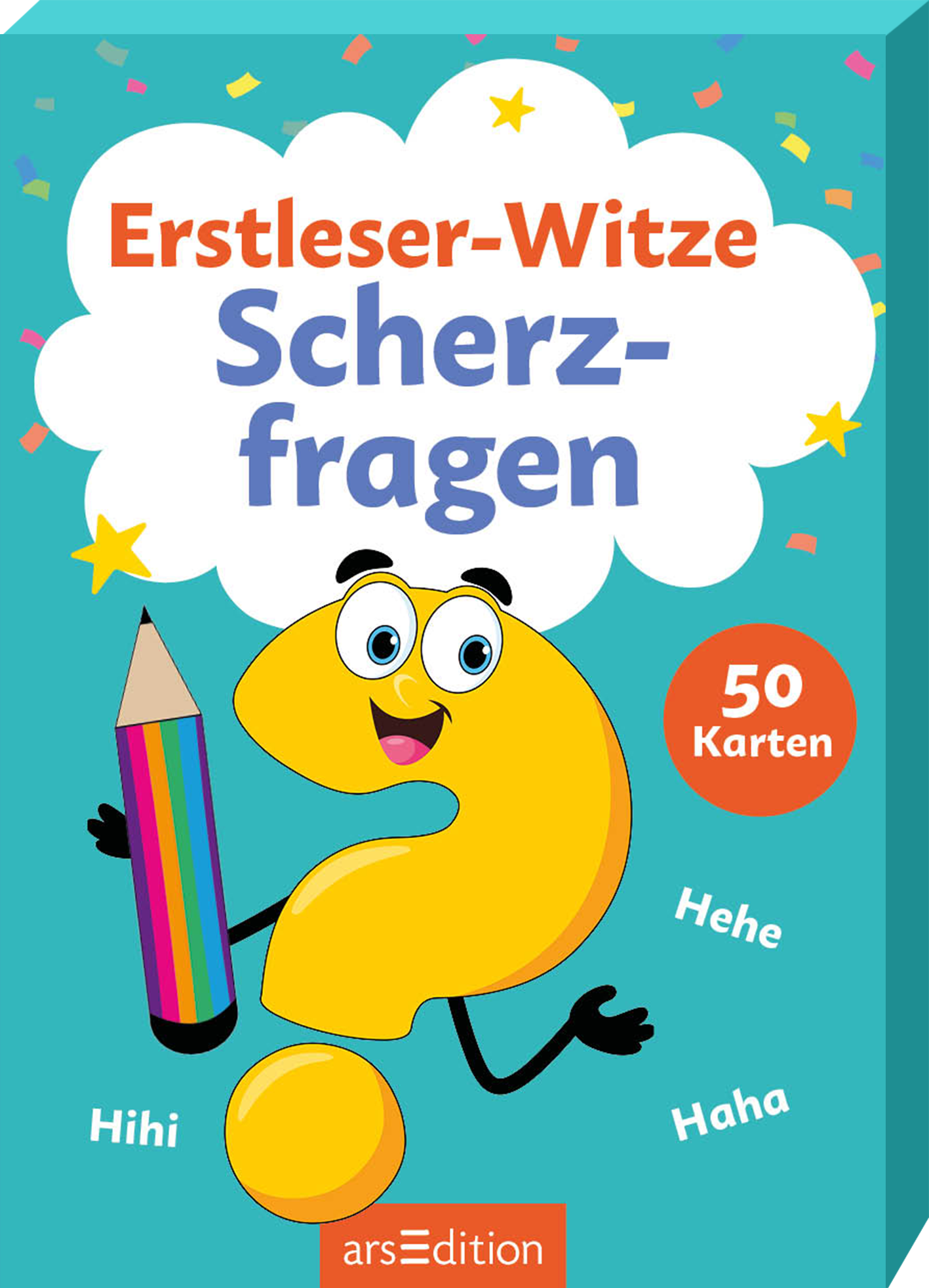 Auf dem bunten Buchcover steht ansprechend „Erstleser-Witze“ in großen, hellblauen Buchstaben. Darunter folgt der Titel „Scherzfragen“ in verspielter Schrift. Ein fröhliches, gelbes Fragezeichen mit großen, freundlichen Augen hält einen bunten Buntstift. Über dem Charakter schwebt eine Wolke, in der kleine Sterne funkeln. An der oberen rechten Ecke ist ein roter Button mit der Aufschrift „50 Karten“ platziert. Ganz unten mittig steht der Logoschriftzug von arsEdition.