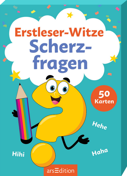 Auf dem bunten Buchcover steht ansprechend „Erstleser-Witze“ in großen, hellblauen Buchstaben. Darunter folgt der Titel „Scherzfragen“ in verspielter Schrift. Ein fröhliches, gelbes Fragezeichen mit großen, freundlichen Augen hält einen bunten Buntstift. Über dem Charakter schwebt eine Wolke, in der kleine Sterne funkeln. An der oberen rechten Ecke ist ein roter Button mit der Aufschrift „50 Karten“ platziert. Ganz unten mittig steht der Logoschriftzug von arsEdition.