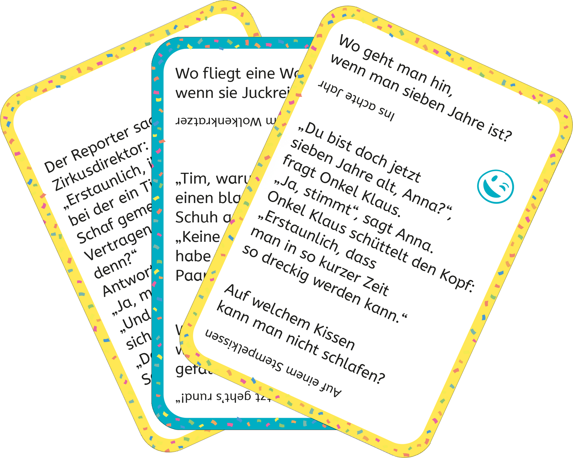 Gezeigt wird eine Innen- oder Zusatzansicht von „Erstleser-Witze zum Kaputtlachen“. Das Bild zeigt mehrere Karten mit bunten Randverzierungen in Gelb und Blau. Auf den Karten sind humorvolle Texte in klarer, großer Typografie abgedruckt, die in Schwarz gehalten sind. Eine Karte präsentiert den Witz: „Wo geht man hin, wenn man sieben Jahre ist?“. Die Karten sind kreativ gestaltet und laden zum Lachen ein, wobei die verspielten Farben auffällig und kinderfreundlich wirken.