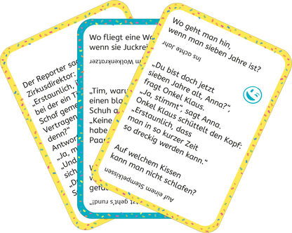 Gezeigt wird eine Innen- oder Zusatzansicht von „Erstleser-Witze zum Kaputtlachen“. Das Bild zeigt mehrere Karten mit bunten Randverzierungen in Gelb und Blau. Auf den Karten sind humorvolle Texte in klarer, großer Typografie abgedruckt, die in Schwarz gehalten sind. Eine Karte präsentiert den Witz: „Wo geht man hin, wenn man sieben Jahre ist?“. Die Karten sind kreativ gestaltet und laden zum Lachen ein, wobei die verspielten Farben auffällig und kinderfreundlich wirken.