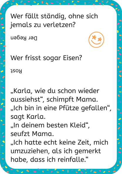 Gezeigt wird eine Innen- oder Zusatzansicht von „Erstleser-Witze zum Kaputtlachen“. Die Seite enthält einen farbigen Hintergrund mit einer bunten Prägung, die aus kleinen, fröhlichen Formen besteht. Der Text ist in klarer, gut lesbarer Schriftart strukturiert: Die Fragen stehen hervorgehoben und sind in witziger typografischer Anordnung präsentiert. Zitate sind durch Anführungszeichen markiert, die in einer freundlichen, ansprechenden Schriftform gestaltet sind. Farbige Akzente betonen...